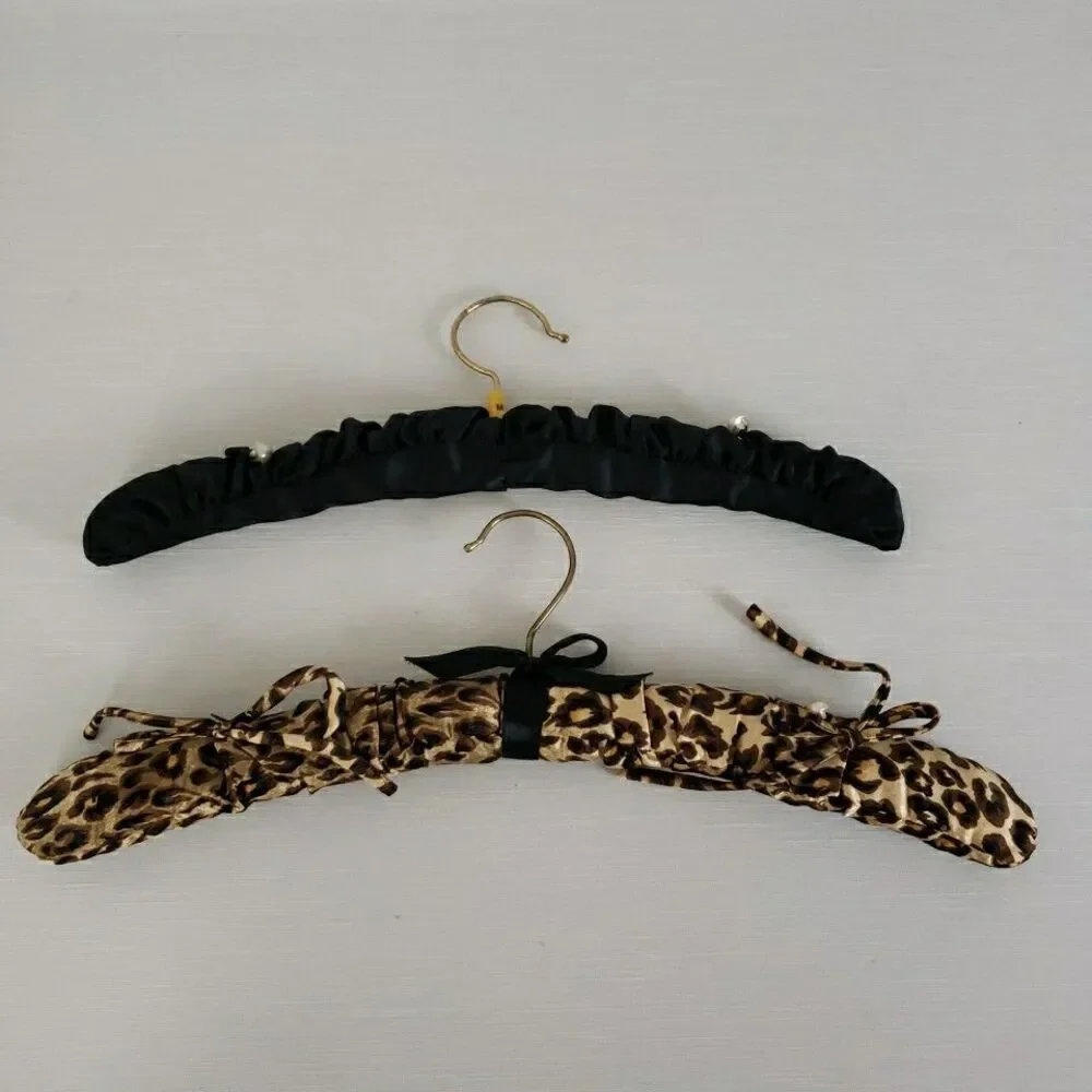 Padded Satin Fabric Covered Clothes Lingerie Hangers Brass Hook Wood Arms VTG